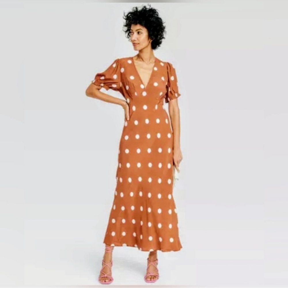 A New Day polka Dot Brown Puff Sleeve Midi Sundress